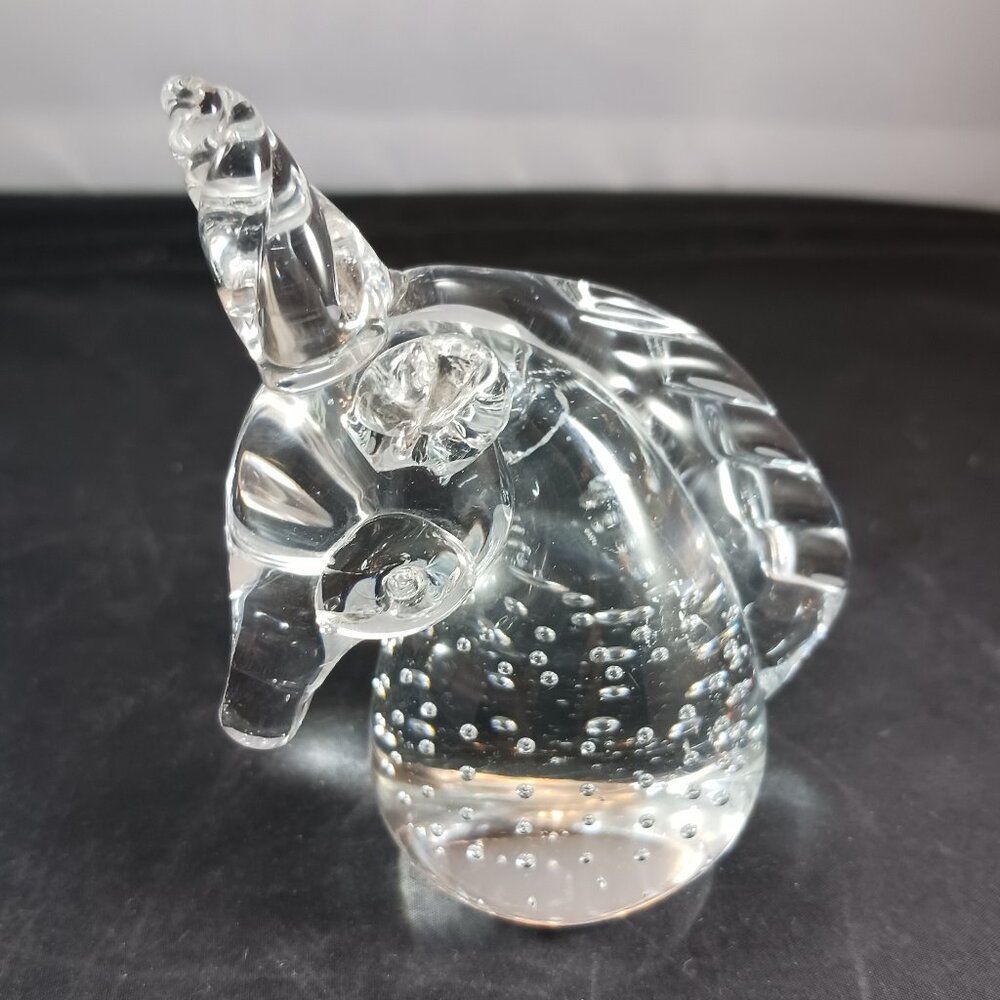 Vintage Controlled Bubbles Clear Art Glass Unicorn Paper Weight 4”